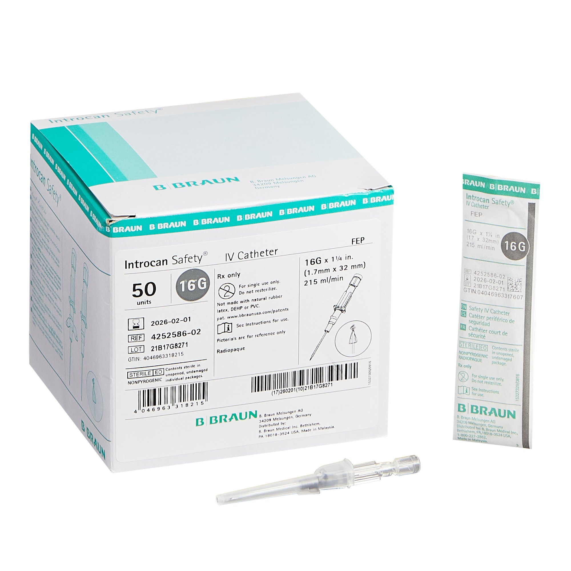 Catheter I.V. Peripheral FEP Introcan Safety® 16 Gauge 1.25 Inch Sliding Safety Needle (50/BX 200/CS) by B Braun Medical, Inc.  ID 4252586-02